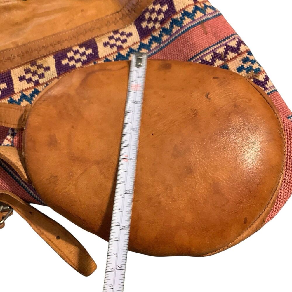 Vintage Leather Wool Kilim Drawstring Backpack Large Multi-Color Tooled Bag Boho - Picture 13 of 15
